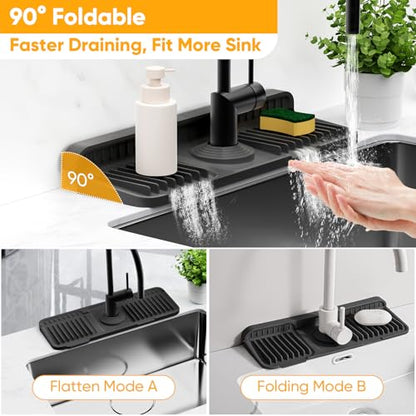 14.6 inch Faucet Mat for Kitchen Sink Splash Guard[7° Slope Fast Self-draining][Snap Lock Fit]Kitchen Sink Faucet Mat Splash Guard Kitchen Sink Area Water Splash Guard Behind Faucet Draining Mat - color: Black, size: 14.6" x 5.5"