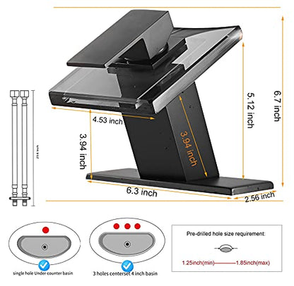 Black Bathroom Faucet Waterfall Spout and Single Handle Wide Glass Spout 1 Hole Faucet for Bathroom Sink Modern Bath Basin Faucet Lavatory Vanity | Bathroom Sink Modern Bath Basin Faucet Lavatory Vanity - color: Black, style: No Led light