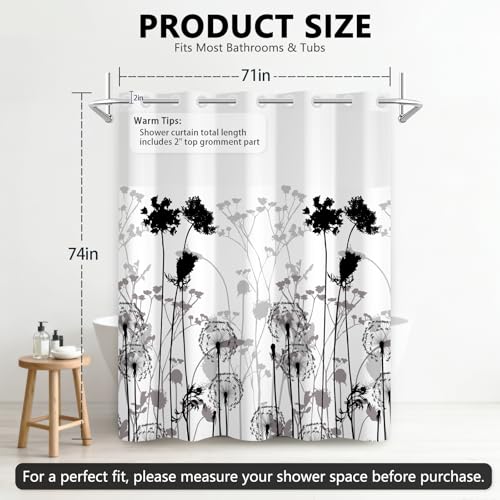 Black and White Shower Curtain with Detachable Shower Curtain Liner, Quick-Dry Fall Shower Curtains for Bathroom, No Hook Bath Tub Curtain with Vented Panel, 71x74 Inch - color: Misty Dandelion