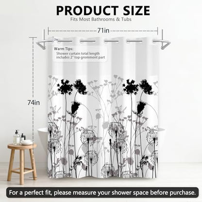 Black and White Shower Curtain with Detachable Shower Curtain Liner, Quick-Dry Fall Shower Curtains for Bathroom, No Hook Bath Tub Curtain with Vented Panel, 71x74 Inch - color: Misty Dandelion