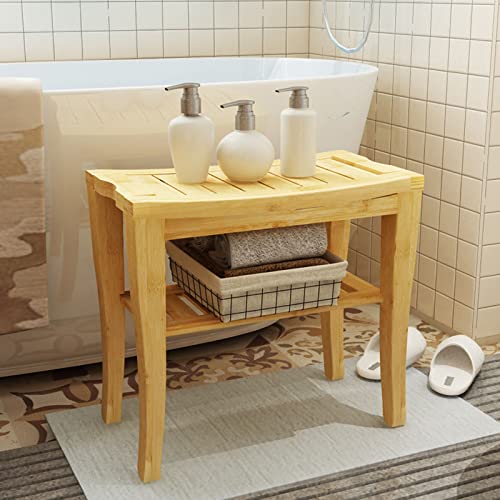 SogesHome Bamboo Shower Bench with Shelf Shower Stool Bathroom Stool with Storage Bamboo Seat with Foot, Water Proof, Natrual - color: Natrual