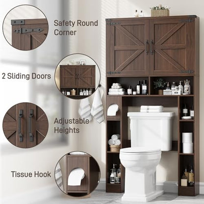 Vabches Home Space-Saving Toilet Rack with 2 Barn Doors, Espresso | Farmhouse Over The Toilet Storage Cabinet, with Toilet Paper Holder Stand, for Laundry, Restroom, Bathroom