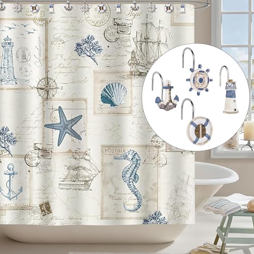 Sunlit Nautical Shower Curtain Hooks, Home Decorative Coastal Shower Curtain Rings for Bathroom, Resin, Ocean Shower Curtain Hanger Hooks for Living Room, Set of 12, Blue Nautical Set - size: Nautical Set