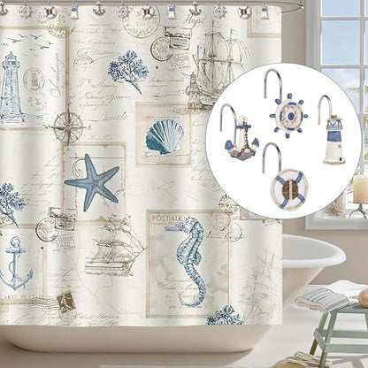 Sunlit Nautical Shower Curtain Hooks, Home Decorative Coastal Shower Curtain Rings for Bathroom, Resin, Ocean Shower Curtain Hanger Hooks for Living Room, Set of 12, Blue Nautical Set - size: Nautical Set