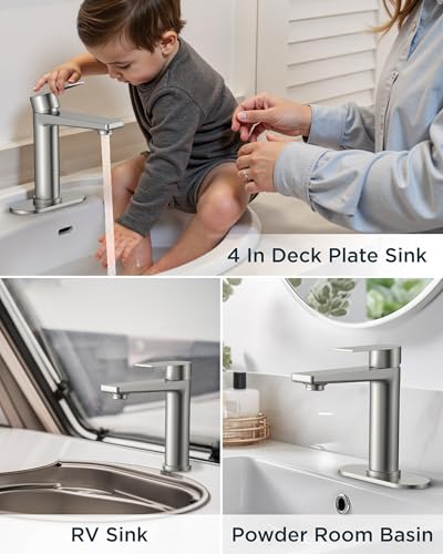 FORIOUS Brushed Nickel Bathroom Faucet 1 Hole, Commercial Bathroom Faucets | Single Lever Rv Bathroom Faucet One Hole, Vanity Faucet for Bthroom Sink 1 Hole with Deck Plate, Drain, Hoses, for Camper - color: Stainless Steel