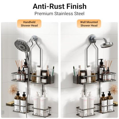 Adjustable Shower Caddy Hanging Rustproof Shower Caddy for Handheld Showerheads, Shower Organizer with Hooks Soap Holder, Anti-Swing Shower Rack Bathroom Accessories (Grey) - color: Grey