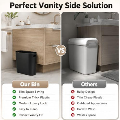 ROYFACC Small Trash Can Plastic Bathroom Wastebasket 3.2 Gallon Slim Garbage Container Bin with Handle for Home Kitchen Bathroom Bedroom Office, 2 Pack (Black) - color: Black