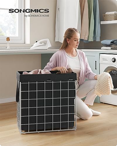 SONGMICS 29 Gal. (110L) Laundry Basket, Laundry Hamper, Collapsible Clothes Hamper, Removable and Washable Liner, Metal Wire Frame, for Bedroom Bathroom, Silver and Classic Black ULCB111B01 - color: Silver + Classic Black, size: 110 L