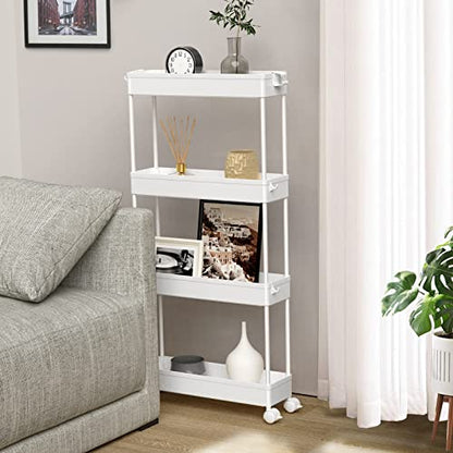 Slim Storage Cart 4 Tier,Bathroom Organizer Rolling Utility, Mobile Shelving Unit Slide Out for Office, Kitchen, Laundry Room & Narrow Places,White - color: White