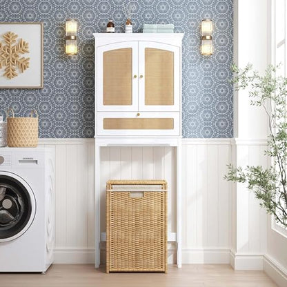 Spirich Over the Toilet Storage Cabinet with Arched Rattan Doors, White | Tilt-Out Storage Cube, Adjustable Shelf, 33-Inch Clearance, Anti-Tip Bracket, Freestanding Bathroom Organizer for Toiletries - style: Arched
