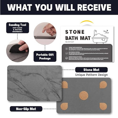 Stone Bath Mat,Diatomaceous Earth Shower Mat,Fast-Drying Stone Bathroom Floor Mat,Absorbent Non-Slip Diatomite Mats for Bathtub,Grey Marble - color: Grey Marble-24*16-1 Pack