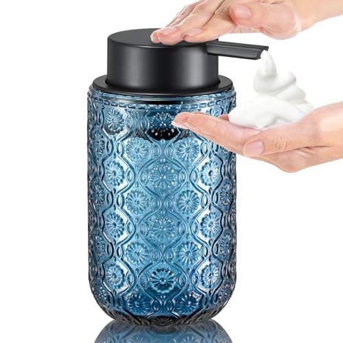 Blue Glass Foaming Hand Soap Dispenser | with Matte Black Pump Thick Embossed Bottle Refillable for Bathroom and Kitchen Decor 13.5 oz - color: Navy Blue