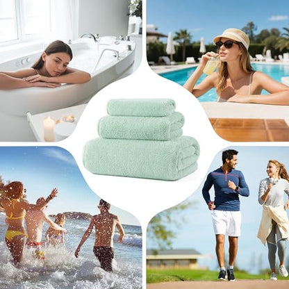 MICROFI Ring Spun Terry Microfiber Bath Towel Set, 3 Piece, Oversize, Quick Dry, Lint Free, Includes Bath, face, and Hand Towels (Green) - color: Green