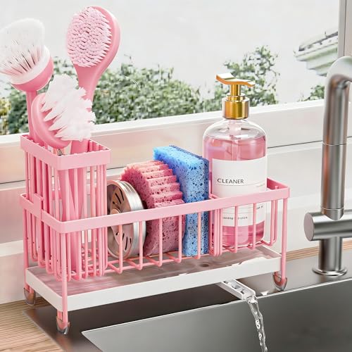 Cisily Sponge Holder for Kitchen Sink, Sink Caddy Organizer with High Brush Holder, Kitchen Countertop Organizers and Storage Essentials, Rustproof 304 Stainless Steel (Pink, 9.25″) - color: Pink - 9.25″