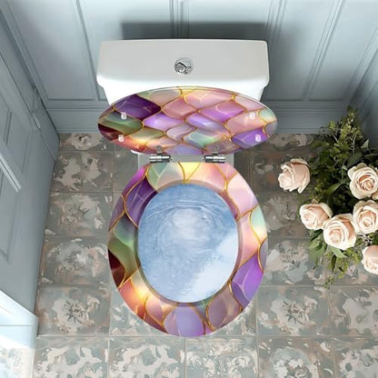 Round Resin Toilet Seat, Quietly Close Quick Release Hinges Cover | Toilet Lid Cover Easy to Clean and Install, Luxurious Iridescent Mosaic Gold Edged Leaf Heavy Duty Toilet Seat - color: pattern4, size: O-shape