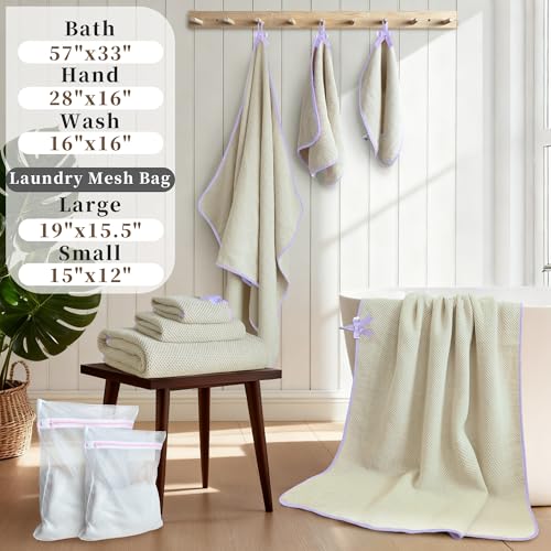 VOOVA & MOVAS Bathroom Hand Towels 4 Pack, 100% Cotton, 28x16 in, Beige | Versatile for Guest Bathroom Use, Built-in Hanging Loop, Purple Piping, Waffle Weave Texture - color: Purple Piping, size: 4PC Hand Towels (16"x28")