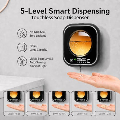 Automatic Soap Dispenser Touchless, Wall Mount, Rechargeable, Mood Lighting | 5 Adjustable Levels, IPX5 Waterproof, LED Clock, 320ML, Hand & Dish Soap for Bathroom Kitchen, Black - color: Black