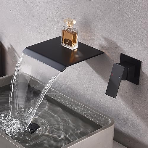 Waterfall Wall Mount Faucet Bathroom Bathtub Tub Faucet Bathroom Sink Faucet Single Handle Tub Filler Rough-in Valve Included Matte Black Modern Basin Mixer Tap - color: Matte Black