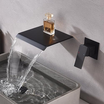 Waterfall Wall Mount Faucet Bathroom Bathtub Tub Faucet Bathroom Sink Faucet Single Handle Tub Filler Rough-in Valve Included Matte Black Modern Basin Mixer Tap - color: Matte Black