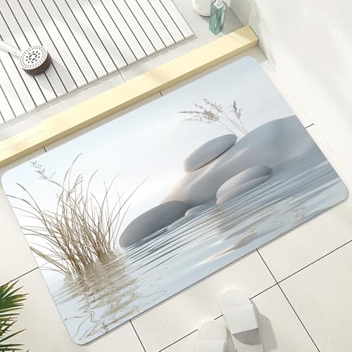 Zen Spa Stone Bath Mat Diatomaceous Earth, Oriental Natural Bathroom Rug Washable Non Slip, Modern Minimalist Shower Mat Quick Dry Absorbent Thin Floor Mats Carpet for Tub Kitchen 20x30 inch - color: White, size: 1'8" x 2'6" (Rectangular)
