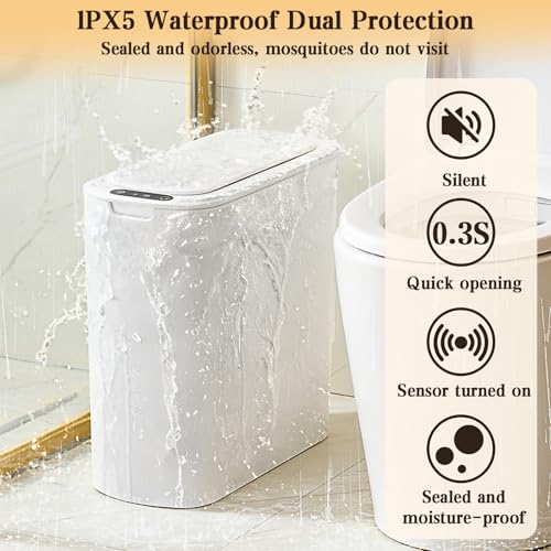 VZZNN 2 Pack Bathroom Trash Can with Lid 5Gal + 2.6Gal Bathroom Trash can - Touchless Smart Motion Sensor Trash can for Office, rv, Bedroom, Living Room, （White ）