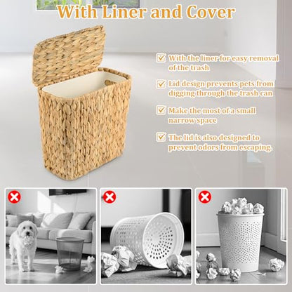 Wicker Trash Can with Lid and Liner, Handwoven Wicker Waste Basket, Water Hyacinth Bathroom Trash Can, Boho Rattan Garbage Wastebasket for Bedroom Home Living Room Office Kitchen, 2.5 Gallon - color: Water Hyacinth