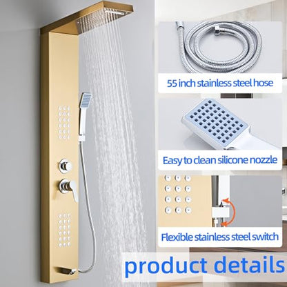 5-in-1 Shower Panel Tower System - Brushed Gold | 304 stainless steel Shower Panel Tower Column with Powerful Body Jets, Rainfall, Waterfall,Handheld and Tub Spout - color: Brushed Gold, style: LSH-8001