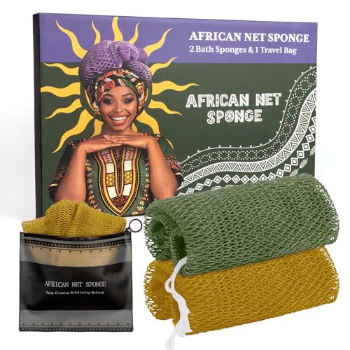 Bathway African Net Sponge Authentic with Handles (Set of 2), African Exfoliating Net Sponge, Exfoliating Body Scrubber Bath Sponge - Bathing Accessories with Storage Bag (Army Green & Olive Green) - color: Army Green & Olive Green