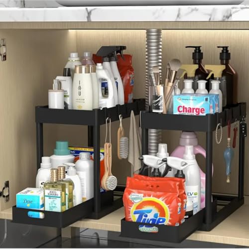 2-Tier Expandable Sink Cabinet Shelf, Stainless Steel Under Sink Organizer, Tool-Free Assembly, Rust-Proof & Heavy-Duty (Black)