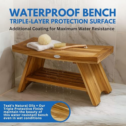 EcoDecors Serenity 30-Inch Teak Shower Bench with Shelf, 300 lb | Spa-style teak bath seat features elegant wood grain and timeless design for a stylish, functional bathroom upgrade - size: 30" shelf