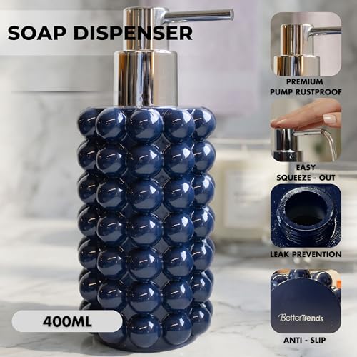 Better Trends 2-Piece Bathroom Accessory Set 400mL Refillable Soap Dispenser with Rustproof Pump 2-Slot Toothbrush for Vanity, Sink & Countertop Organization Navy Nova Collection - color: Navy