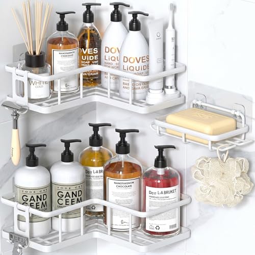 Corner Shower Caddy Adhesive, 100% Rustproof Shower Organizer with Soap Holder, No Drill Shower Shelf for Inside Shower, Wall-Mounted Shower Storage for Homes (3 Pack, White) - color: White