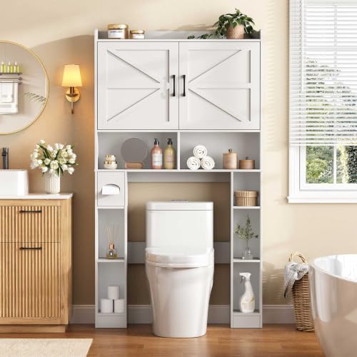 Halitaa Over The Toilet Storage Cabinet with 2 Barn Doors,White | Toilet Cabinet Rack, Space Saving Bathroom Organizer with Shelves, Toilet Paper Holder and Towel Rack for Bathroom,Laundry. - color: White, style: 2 Barn Doors