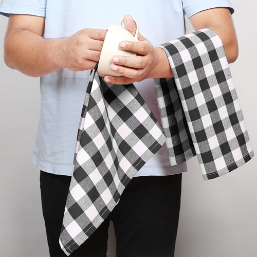 4 Pack Gingham Buffalo Check Kitchen Dish Towels 100% Cotton 16x26 Inches - Super Absorbent Quick Drying Hand Tea Towels, Restaurant Cleaning Towels with Hanging Loop, Black White - color: Black - Gingham Plaid, size: 16 X 26 - 4 Pack
