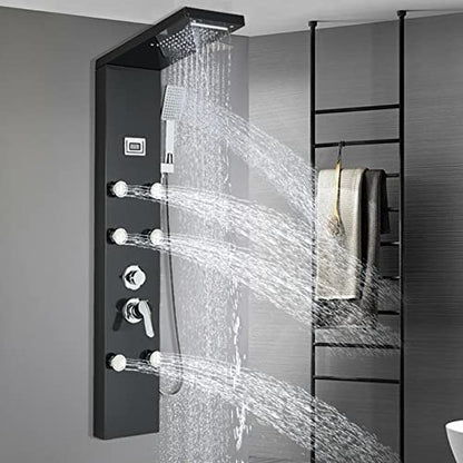 LED Light Shower Panel Tower Rainfall Waterfall Shower Head with Massager Jets Body System Jet Black B (Color : Black A) - color: Black a