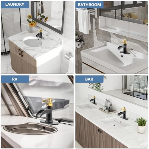 Bathroom Faucet Black and Gold Waterfall Bathroom Sink Faucets | Single Handle Rustic Vanity Farmhouse RV Faucet Suitable for 1 or 3 Holes with Pop-up Drain Deck Plate Hose by Homevacious - color: Gold & Black
