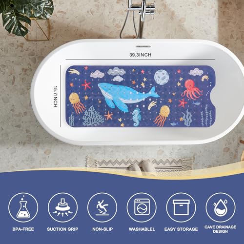 PRATIQUE Kids Bath Mat for Tub Non Slip，40 X 16 Inch Extra Long Kids Bathtub Mat Ocean Bathtub Shower Mat Safety Anti Slip with Suction Cups and Drain Holes, Machine Washable(Dark Bule Whale) - color: Bule