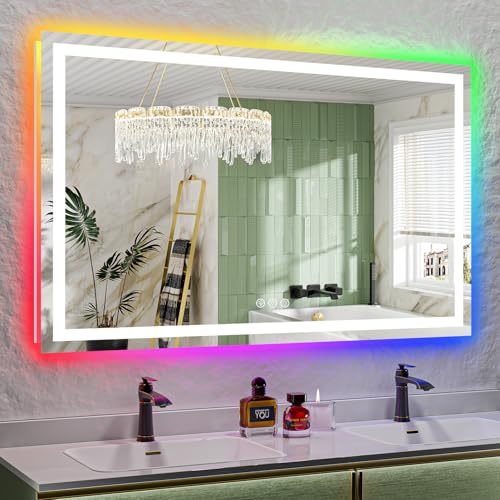 60x38 Inch RGB LED Bathroom Mirror Front Light and RGB Backlit Lighted Vanity Mirror for Bathroom Wall Mounted Dimmable Anti Fog Memory Shatter-Proof IP54 Waterproof Horizontal/Vertical - color: Rgb Backlit+front Lit, size: 60"L x 38"W