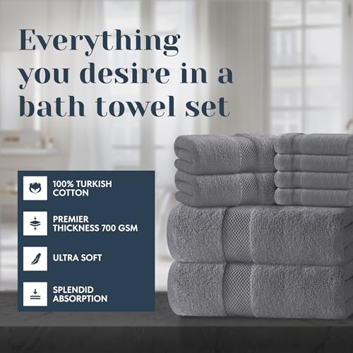 White Classic Luxury Bath Towel Set of 8 Pieces - 100% Turkish Cotton Highly Absorbent Towels for Bathroom, 2 Luxury Bath Towels 700GSM, 2 Hand Towels, 4 Washcloths, Dark Gray - color: 03: Dark Gray