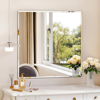 Frameless Bathroom Mirror, 30"x30" Beveled Bathroom Vanity Mirror | Wall Mount Mirrors for Vanity Bedroom Entryway Living Room Hangs Horizontally or Vertically - size: 30"L x 30"W