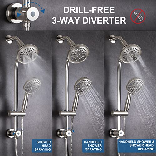 High Pressure Handheld/Rain 82-mode 3-way Shower Head Combo with 25.75" Adjustable Drill-free Stainless Steel Slide Bar, Pet & Tub Power Wash and Anti-clog Nozzles, with 5ft Hose - Brush Nickel - color: Brush Nickel