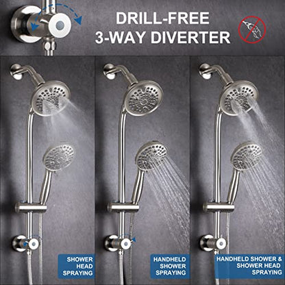 High Pressure Handheld/Rain 82-mode 3-way Shower Head Combo with 25.75" Adjustable Drill-free Stainless Steel Slide Bar, Pet & Tub Power Wash and Anti-clog Nozzles, with 5ft Hose - Brush Nickel - color: Brush Nickel