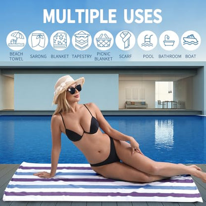 Beach Towel Set-4 Pack 30"x60" Sand Free Stripe Beach Towel for Pool,Bathroom,Soft Absorbent Quick Dry Lightweight Beach Bath Towel,Camping Blanket,Travel Towel,Beach Essentials for Adults,Plum/Blue - color: Plum/Blue