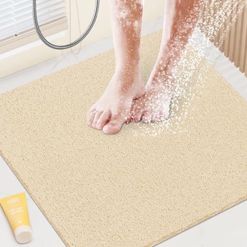 Shower Mat Bathtub Mat Non-Slip,24x24 inch, Soft Tub Mat with Drain,PVC Loofah Bath Mat (Phthalate Free) for Tub and Bathroom,Quick Drying,Khaki - color: Khaki, size: 24" x 24" (Rectangular)
