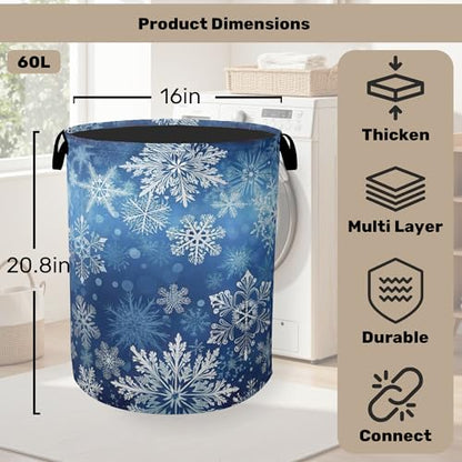 Winter Snowflakes Large Clothes Hamper Bag - Laundry Basket with Handles, Space Saving Foldable Design for Nursery - color: Winter Snowflakes