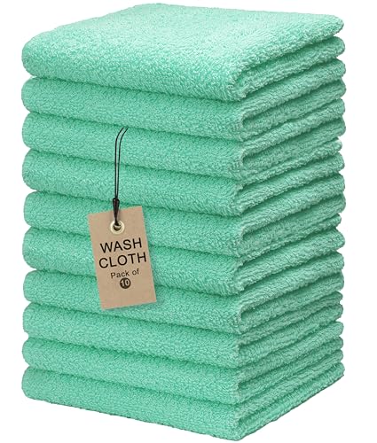 Textila Terry Wash Cloths – Pack of 10, Aqua Green, 12x12 Inches – Soft, Absorbent & Multipurpose Cotton Washcloths for Face, Hand, Bath, Kitchen, Spa, Gym & Hotel Use - color: Aqua Green