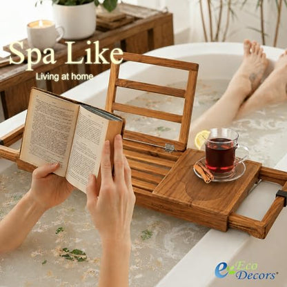 EcoDecors Expandable Teak Bathtub Tray Caddy – Adjustable Wooden Bath Tub Tray with Wine Glass Holder, Book & Tablet Stand, Spa Bath Caddy Organizer, Waterproof Solid Teak Bath Shelf