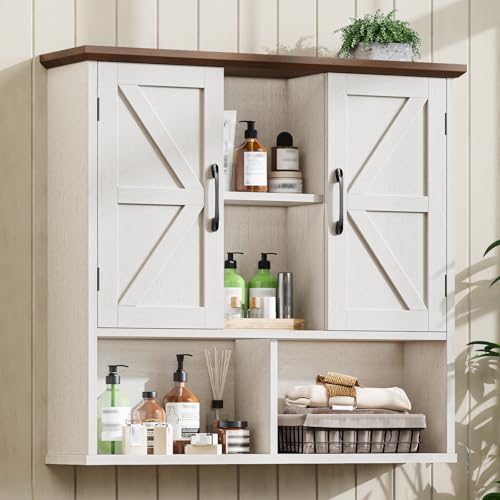 Vabches Bathroom Wall Cabinet, Farmhouse Medicine Cabinet with Double Barn Door and Adjustable Shelves, Wooden Vintage Storage Cabinet Wall Mounted for Bathroom, Kitchen Dining, Rustic White - color: Rustic White, style: Barn Doors