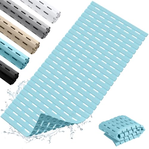 OTHWAY Shower Mat Non Slip, 36.6" x 16.9" Non Slip Soft Bath Mat for Tub, Shower Anti Slip Mat with Suction Cups, Easy to Cut Shower Floor Mat, Machine Washable Bathtub Mat, Light Blue - color: Blue