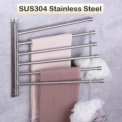 Swivel Towel Bar 6-Arm Bathroom Towel Holder Wall-Mounted Swing Out Towel Rack with Hooks Rustproof Brushed Finish - color: Brushed